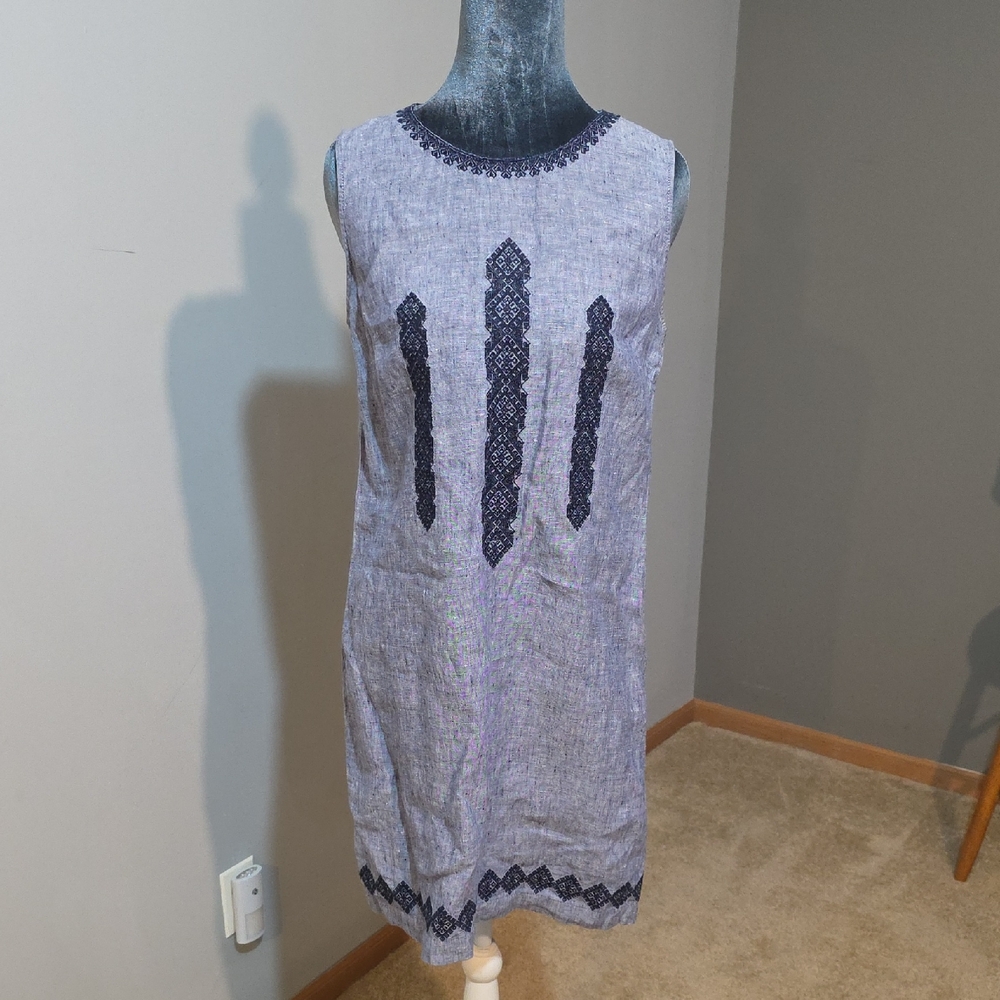 Artisan Ny Blue Linen Patterned Dress Sz 4